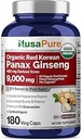 NusaPure Red Korean Panax Ginseng 20:1 Extract, 450 mg Equivalent to 9,000 mg 180 Veggie Caps (USDA Organic, Non-GMO, Vegan, Vegetarian, Bioperine)