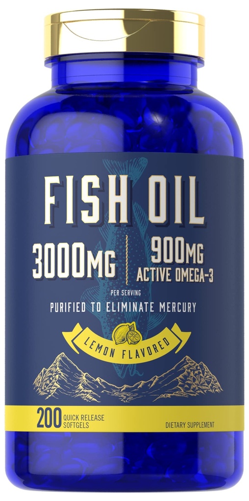 Carlyle Fish Oil 3000 mg | 900 mg Omega 3 | 200 Softgels | Lemon Flavor | Non-GMO ve Gluten Free Supplement