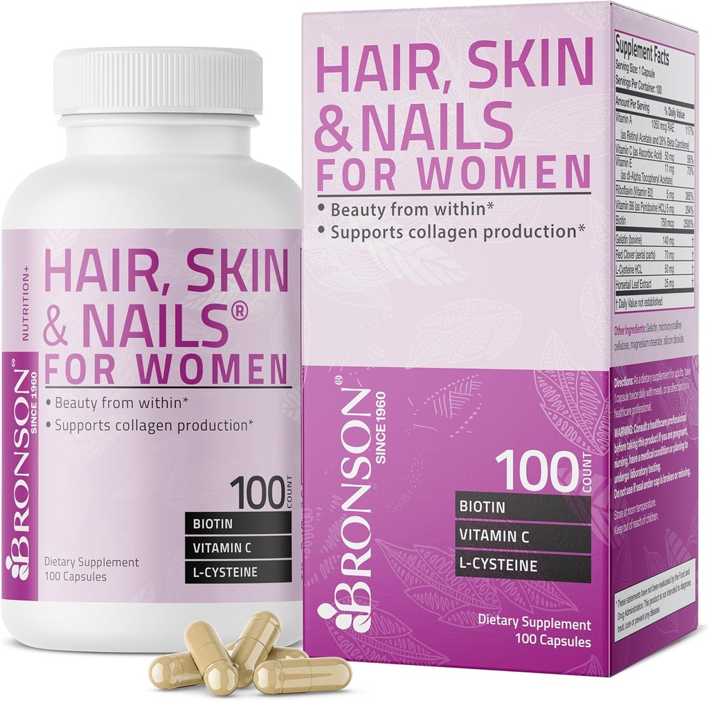 Bronson Saç, Skin & Nails with Biotin Ekstra Güçlü Vitamin Supplement for Women, 100 Capsules