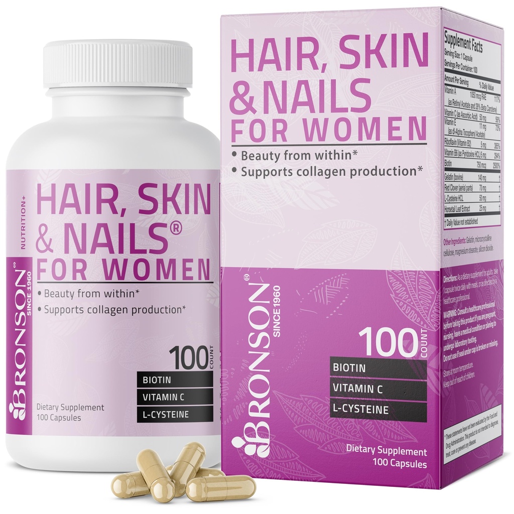 Bronson Saç, Skin & Nails with Biotin Ekstra Güçlü Vitamin Supplement for Women, 100 Capsules