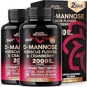 D-Mannose 2000mg με Cranberry 500mg & Hibiscus - Κλινικά Ελεγχόμενη Δύναμη για την Ουροποιητική Φυλλαδική Υγεία - Συμπλήρωμα για τις γυναίκες - Bladder, συκώτι & μικροχλωρίδα Υποστήριξη - Κατασκευάζεται στις ΗΠΑ - Vegan, Συσκευασία των 2