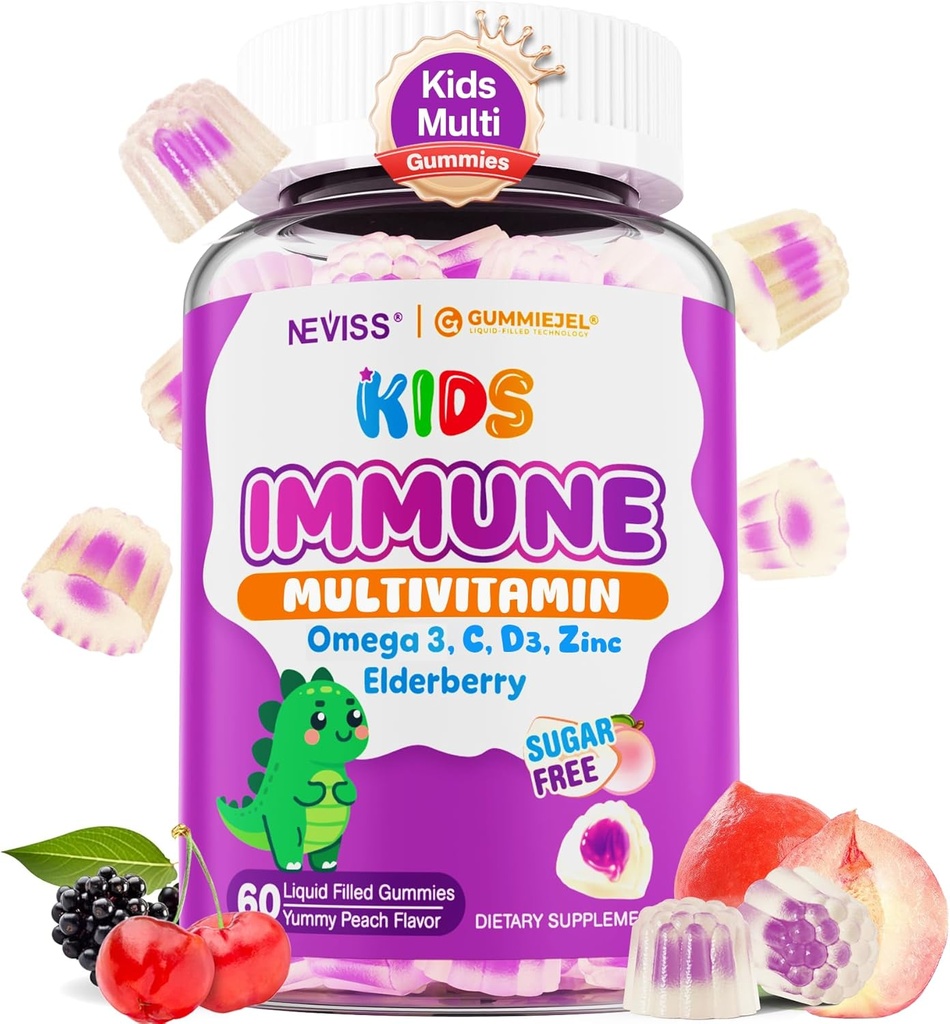 Çocuklar Multivitamin + Immune Support Gummies, C D3 & çinko, Omega-3, A, E, Elder, Çocuklar Sağlıklı Kalkınma için Gummies, Immunity, Bone growth & Eye Health, Sugar Free, 60 Cts