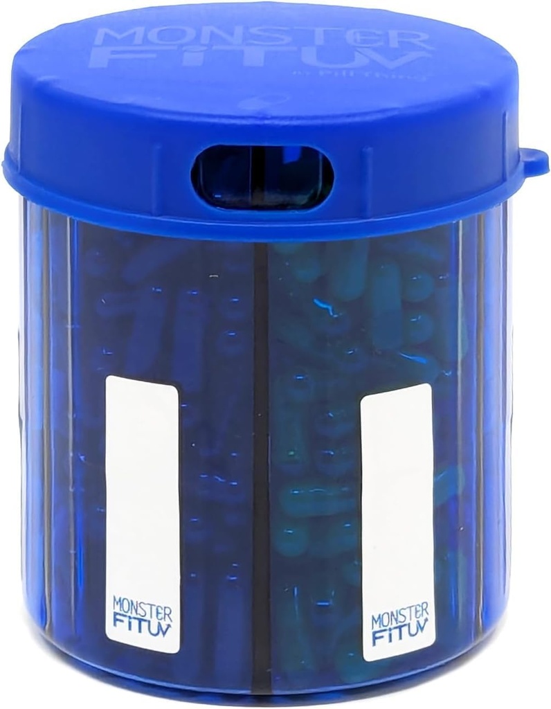 Monster Jr συμπλήρωμα Pill Dispenser με ετικέτες - Διατηρεί μικρό Medium Φάρμακα Βιταμίνες και εύκολα Dispense από ένα εμπορευματοκιβώτιο περιλαμβάνει ετικέτες διαμέρισμα (Monster Jr Blue UV - 1 Pack)