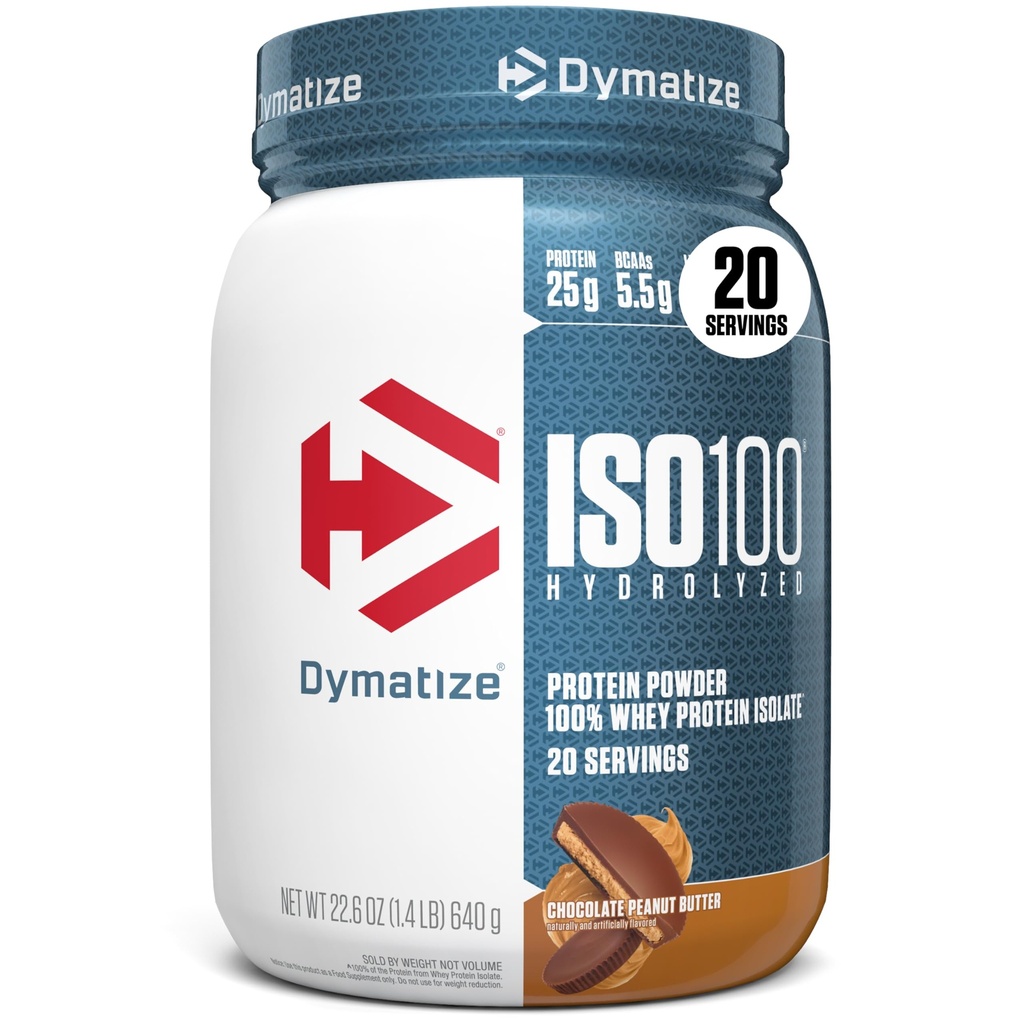 Dymatize ISO100 Whey Protein Powder Isolate, Chocolate Peanut Butter, 25g of Protein, 20 Servings, 5.5g BCAAs, Less Than 120 Cal., Gluten Free, 1g Fat, 1g Sugar, 2g Carb