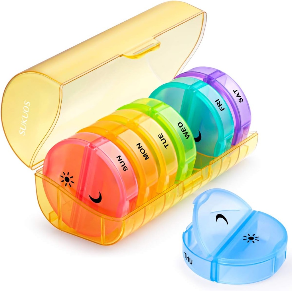Sukuos Büyük Haftalık Pill Organizer 2 Times a Day, Daily Pill Box 7 Day Easy to Open with Double Protection, AM PM Pill Case for Medicine/Vitamin/Fish Oil /Supplements (Yellow)