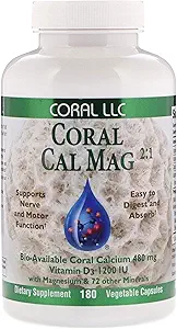 Coral Cal-Mag - Bioavailable Coral Calcium with Magnesium in a 2:1 Ratio and 1200 International Units of Vitamin D3-180 Vegetarian Capsules