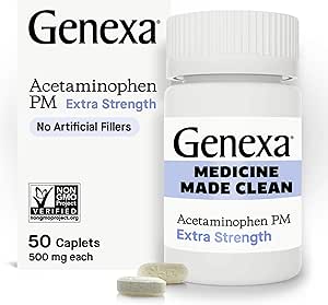 Genxa Clean Acetaminophen PM 500 mg Ekstra Kuvvet, Dye Free Pain Reliever, Nighttime Sleep Aid, Ateş Tespiti, 0% Yapay Katkılar, Relieves Headache, Backache, Minor Arthritis Pain, 50 Tabletler