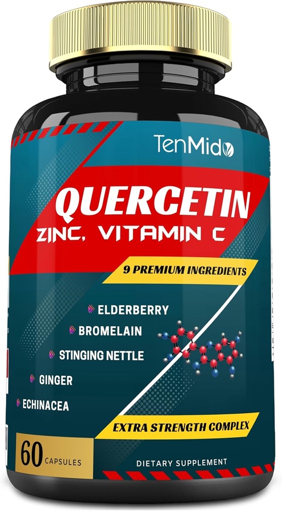 Quercetin Extract Capsules - Cool Elderberry, Bromelain, Ginger, Sting Nettle, Echinacea, Black Pepper ve More - 60 Capsules, 2 Ay Supply