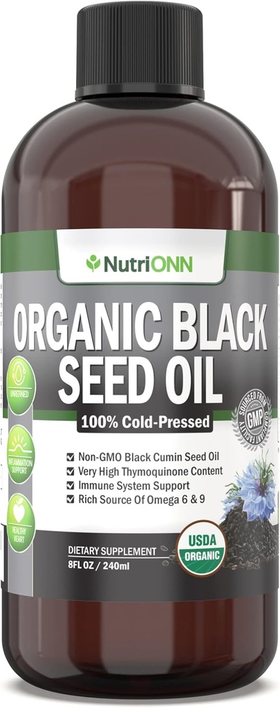 Organic Black Seed Oil - USDA Certified Organic Black Cumin Seed Oil Liquid – High Thymoquinone Content – Non-GMO and Cold-Pressed – Rich Source of Omega-6 & Omega-9 Fatty Acids - 8 Oz