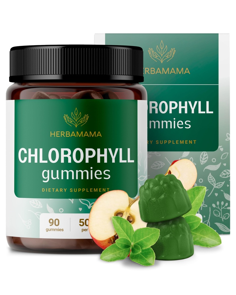 HERBAMAMA Chlorophyll Gummies – Internal Deodorant for Body Odor Support – 50 mg Sodium Copper Chlorophyllin per Serving – Vegan Chlorophyll for Immune & Digestive Support – 90 Count (45 Servings)