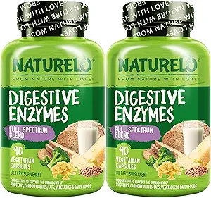 NATURELO Digestive Enzymes - Full Spectrum Support with a Broad Blend of 15 Enzymes Plus Ginger - 90 Vegan Κάψουλες (Pack of 2)