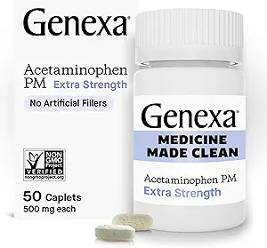 Genxa Clean Acetaminophen PM 500 mg Ekstra Kuvvet, Dye Free Pain Reliever, Nighttime Sleep Aid, Ateş Tespiti, 0% Yapay Katkılar, Relieves Headache, Backache, Minor Arthritis Pain, 50 Tabletler