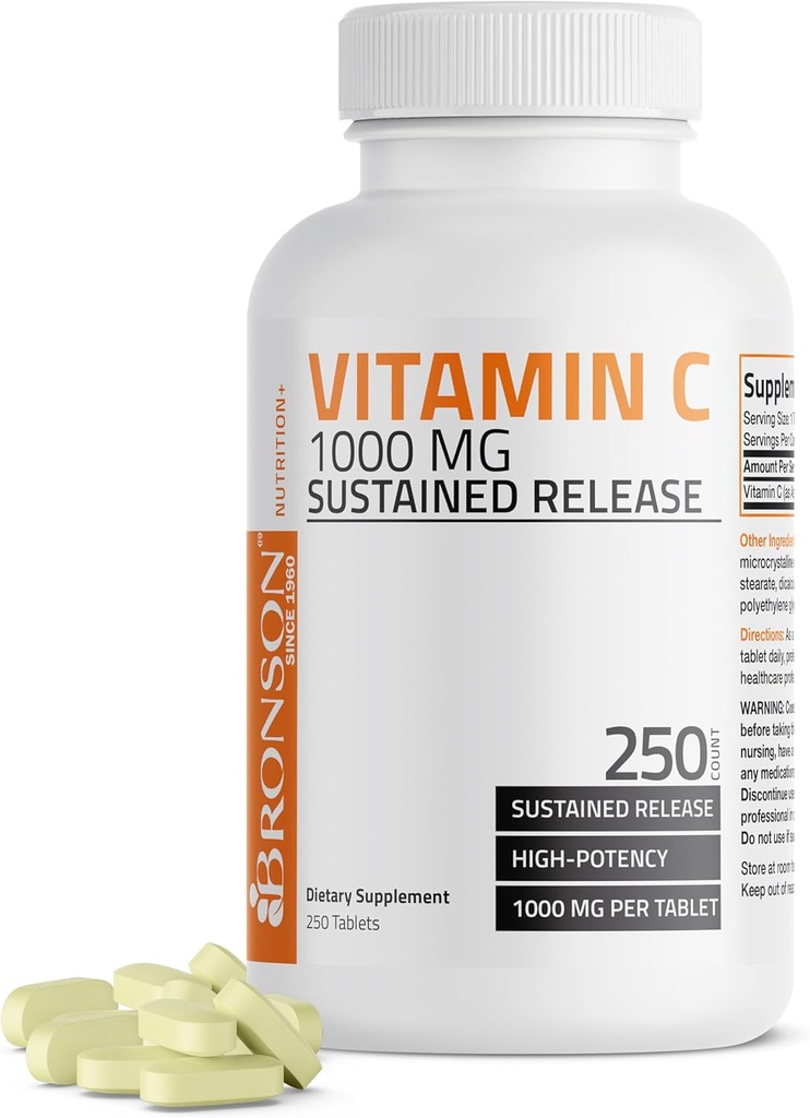 Bronson Βιταμίνη C 1000 mg Παρατεταμένη απελευθέρωση Premium Μη ΓΤΟ Ασκορβικό οξύ, 250 δισκία