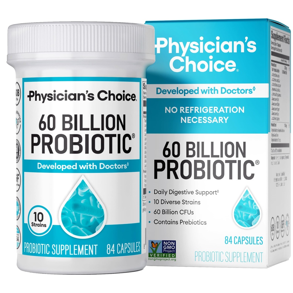 Doktor CHOICE Probiyotiks 60 Milyar CFU - 10 Strains + Organik Prebiyotikler - Immune, Digestive & Gut Health - Supports Occasional Constipation, Diarrhea, Gas & Bloating - for Women & Men - 84ct