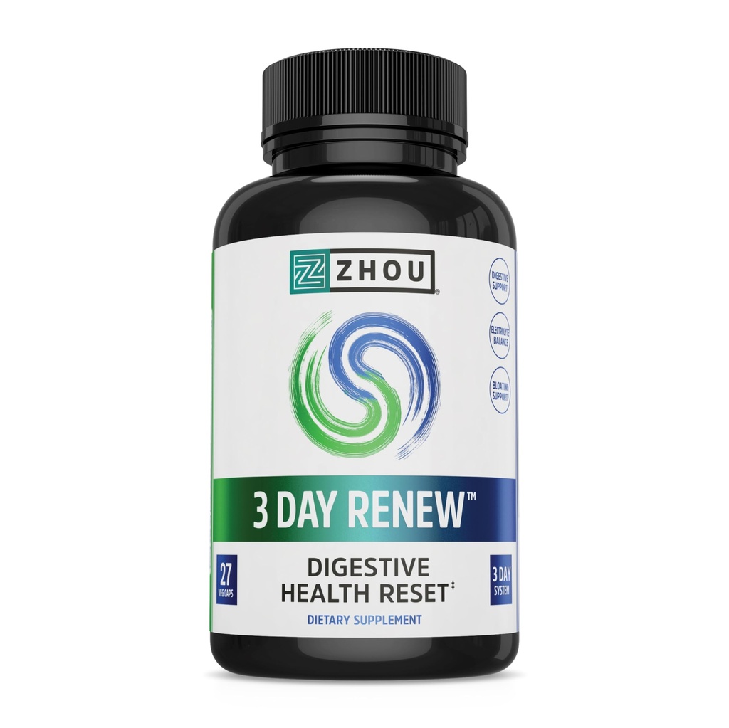 Zhou 3 Day Renew - Probiyotikler for Digestive Health, Probiyotikler for Men and Women, Gut Health & Natural reset Support Supplement with Ginger and Aloe - 27 Veg Caps