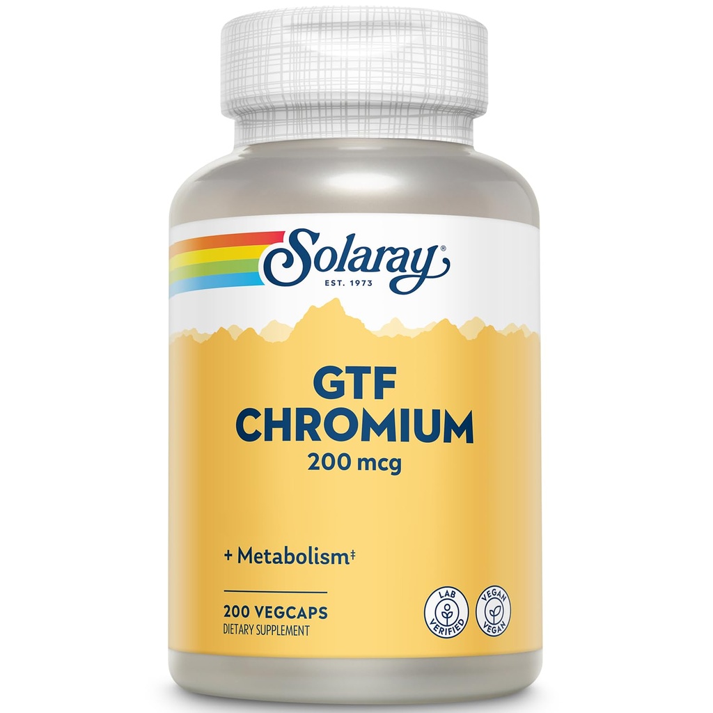 Solaray GTF Chromium 200mcg - Pure Chromium GTF 200 mcg συμπλήρωμα, υποστηρίζει τη μεταβολική λειτουργία και την υγεία ολόκληρου του σώματος για άνδρες και γυναίκες - 200 κάψουλες Vegan
