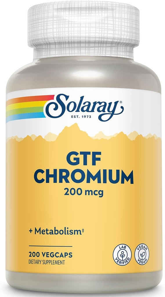 Solaray GTF Kromium 200mcg - Pure Chromium GTF 200 mcg Supplement, Supports Metabolic Function and Whole Body Health for Men and Women - 200 Vegan Capsules