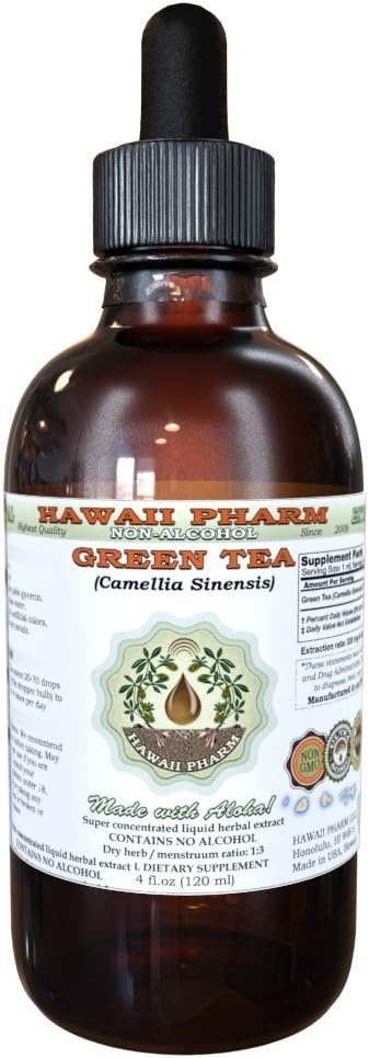 Hawaii Pharm Green Tea Alkol Özgür Sıvı Ekstraksiyon, Organik Yeşil Çay (Camellia Sinensis) Kuru Yaprak Glycerite Natural Herbal Supplement 2 oz