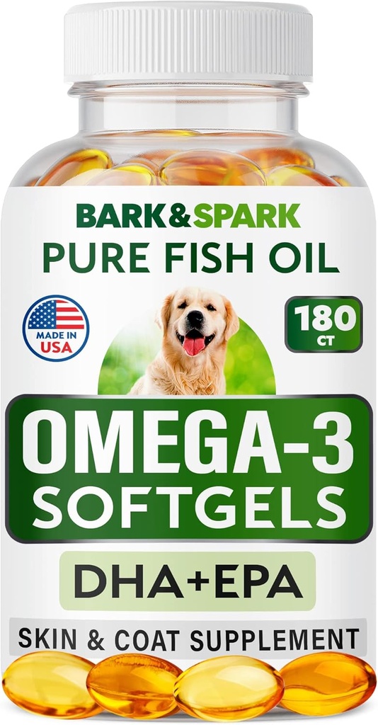 BARK&SPARK Omega 3 for Dogs - 180 Fish Oil Yumuşakgels for Dog Shedding, Skin Alerji, Itch Relief, Hot Spots Tedavisi - Ortak Sağlık - Cilt ve Ön Giyim - EPA & DHA Fatty Asits - Salmon Oil