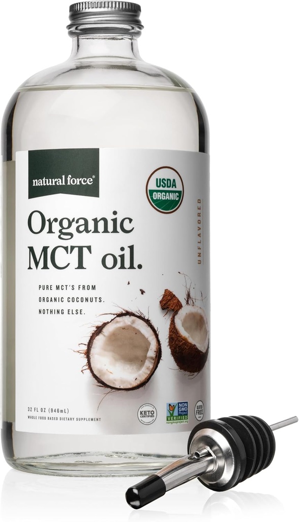 Doğal Kuvvet Organik MCT Yağı - Saf Cam Şişe - %100 Soğuk Basınlı Virgin Coconut Petrol + sertifikalı Keto, Paleo, Kosher, Vegan & Non-GMO - Lab Kalite ve büyüklüğü için Test Edildi - 32 Ounce