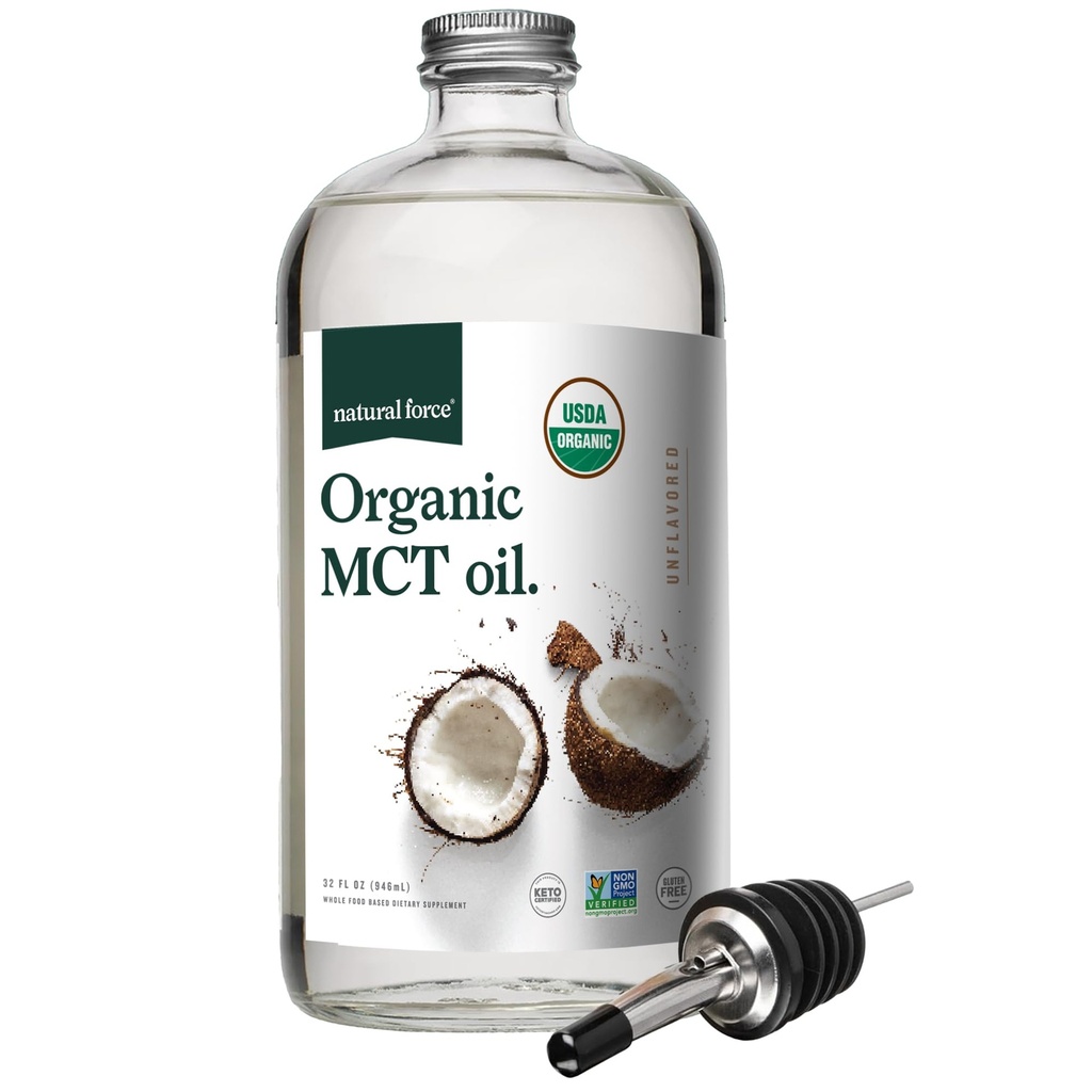 Doğal Kuvvet Organik MCT Yağı - Saf Cam Şişe - %100 Soğuk Basınlı Virgin Coconut Petrol + sertifikalı Keto, Paleo, Kosher, Vegan & Non-GMO - Lab Kalite ve büyüklüğü için Test Edildi - 32 Ounce