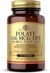 Solgar Folate 666 mcg DFE (Folic Acid 400 mcg) - 250 Tablet - Prenatal Destek - Non-GMO, Vegan, Gluten Ücretsiz, Süt Free, Kosher - 250 Hizmet
