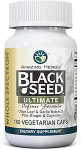 Amazing Herbs Whole Spectrum Black Seed Ultimate, Veganian Κάψουλες - Olive Leaf & Garlic Extracts Plus Ginger & Cayenne, Gluten Free, Non GMO, Vegan - 100 Count
