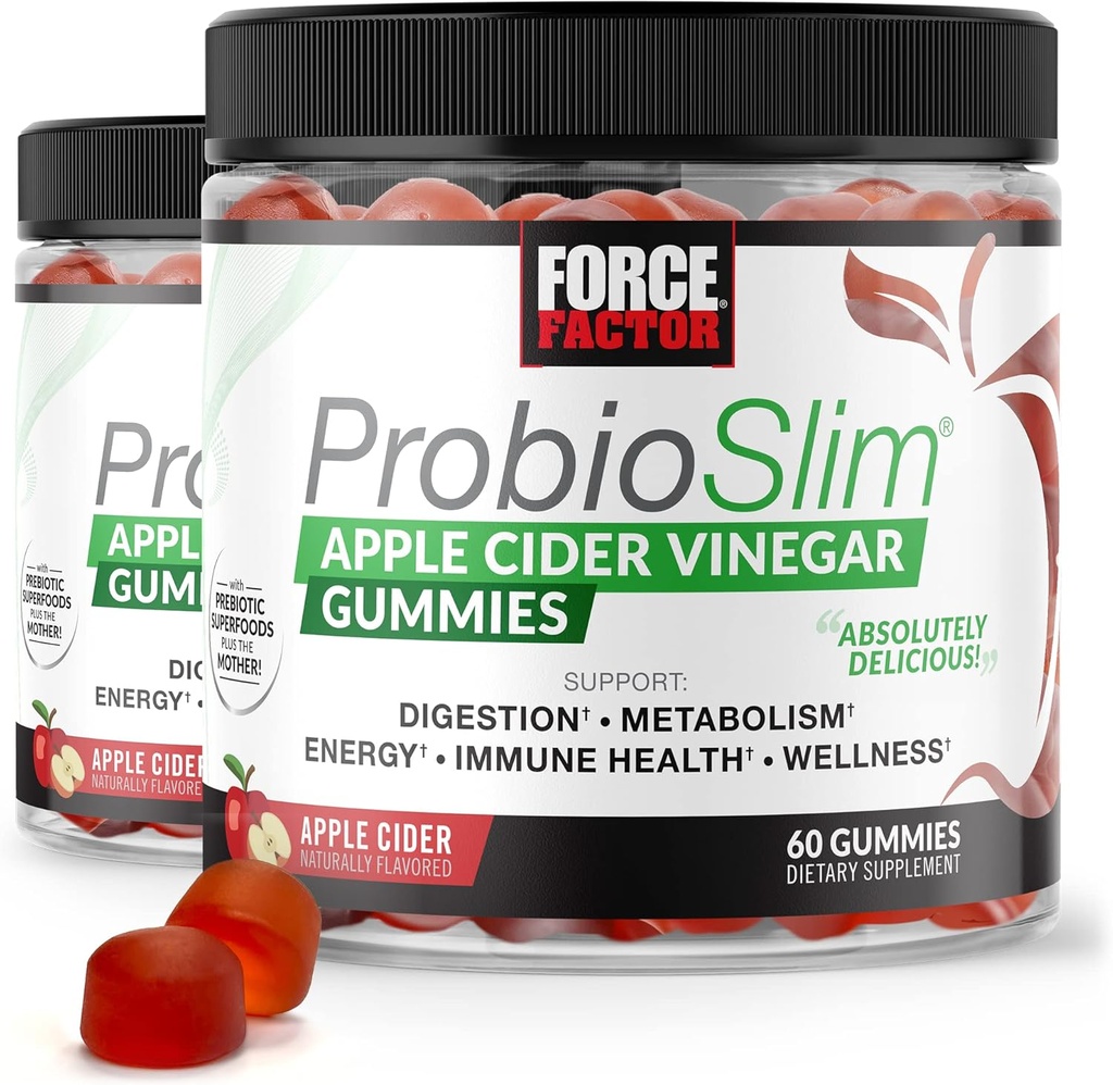 FORCE FACTOR ProbioSlim Apple Cider Vinegar Gummies, 2-Pack, με οργανικό μηλίτη μήλου Vinegar και LactoSpore Probiotics και Prebiotics για την υποστήριξη της πέψης, του μεταβολισμού και της ανοσοποιητικής υγείας, 120 Gummies
