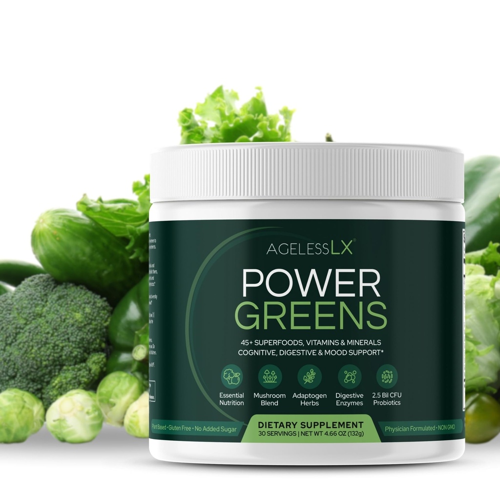 AgelessLX Power Greens, Probiyotiks, Enzymes ve Prebiyotik Fiber Gelişmiş Enerji, Immunity & Digestive Health, 30 Hizmet