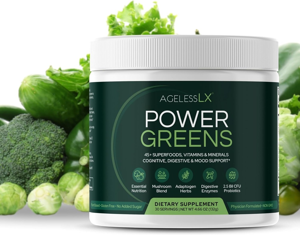 AgelessLX Power Greens, Probiyotiks, Enzymes ve Prebiyotik Fiber Gelişmiş Enerji, Immunity & Digestive Health, 30 Hizmet