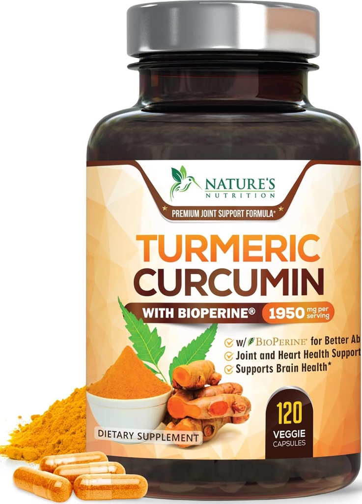 Turmeric Curcumin Supplement 1950 mg -% 95 Curcuminoids with Organic Turmeric & BioPerine Black Pepper Extract for Best Abpole, Nature's Vegan Ortak Destek, Non-GMO, Şişed in USA - 120 Capsules