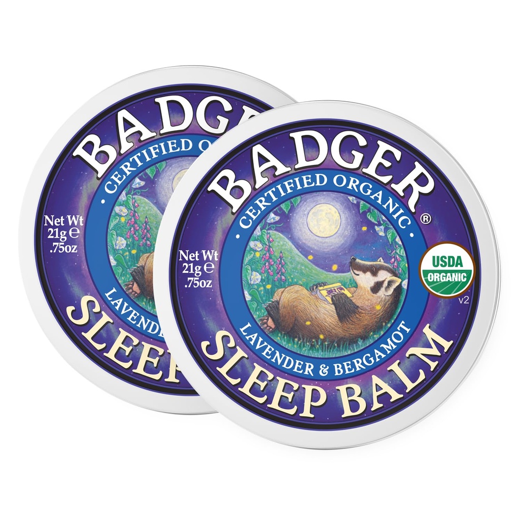 Badger Sleep Balm, Organic Essential Oil Aromatherapy Natural Sleep Balm for Adults & Kids, Relaxing & Calming Lavender & Bergamot Natural Sleep Support, .75 oz Tin, 2-Pack