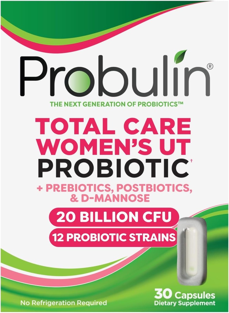 Probulin Total Care Γυναικείο ουροποιητικό = Πρεβιοτικά + Προβιοτικά + Μεταβιοτικά για την υποστήριξη ενός Υγιούς Κολπικού Μικροβιώματος - 20 Δισεκατομμύρια CFU - 12 Στεφάνες - 30 Κάψουλες Vegan