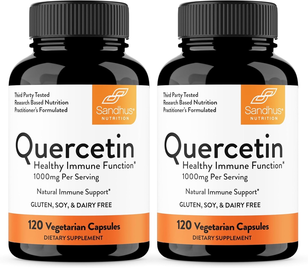 Sandhu'nun Quercetin Vegetarian Capsules 120 Kont (Pack of 2) | Bioflavonoyaks for Immune Support & Respiratory Health, Mevsimsel Alerji Desteği | Erkekler ve Kadınlar için Quercitin