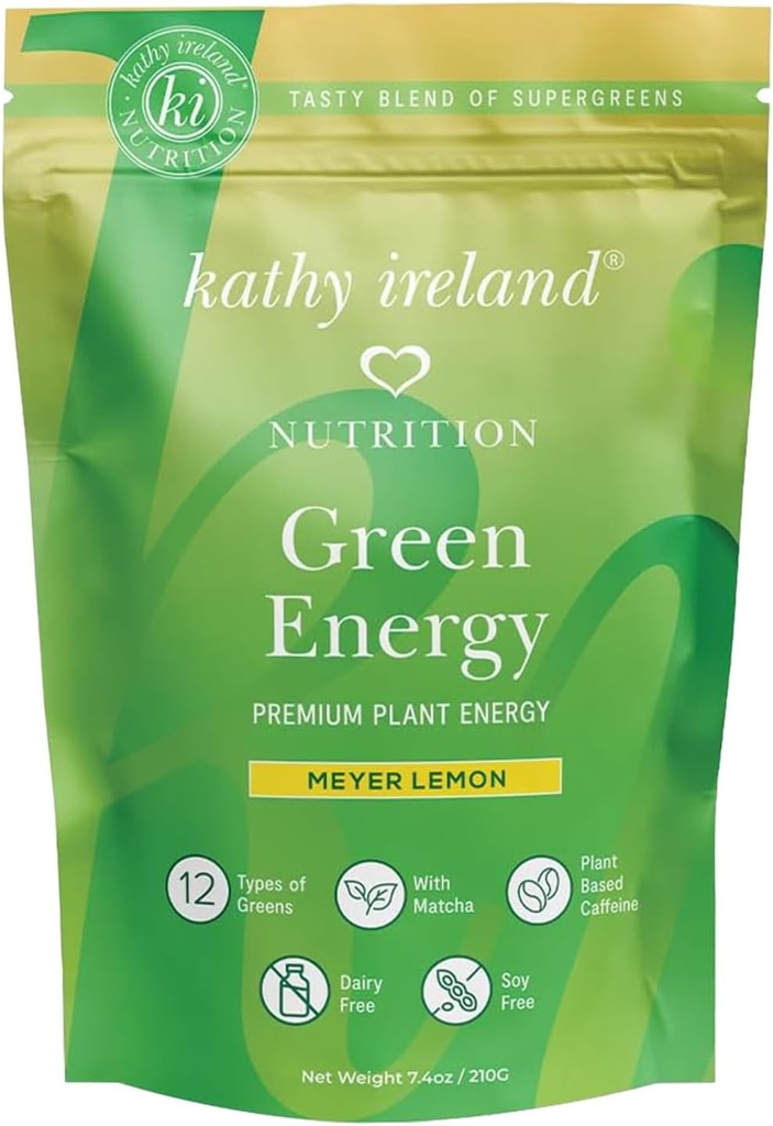 Kathy Ireland Super Greens Energy Powder, Clean Energy Drink Mix with Matcha & Green Tea, Immune & Digestive Support Supplement, No Added Sugar, Meyer Lemon Flavor, 7.4 oz
