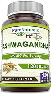 Pure Naturals Ashwagandha 500 Mg, 120 Veggie Capsules Supplement | Made with Natural Ashwagandha | Non-GMO | Gluten Free | Made in USA
