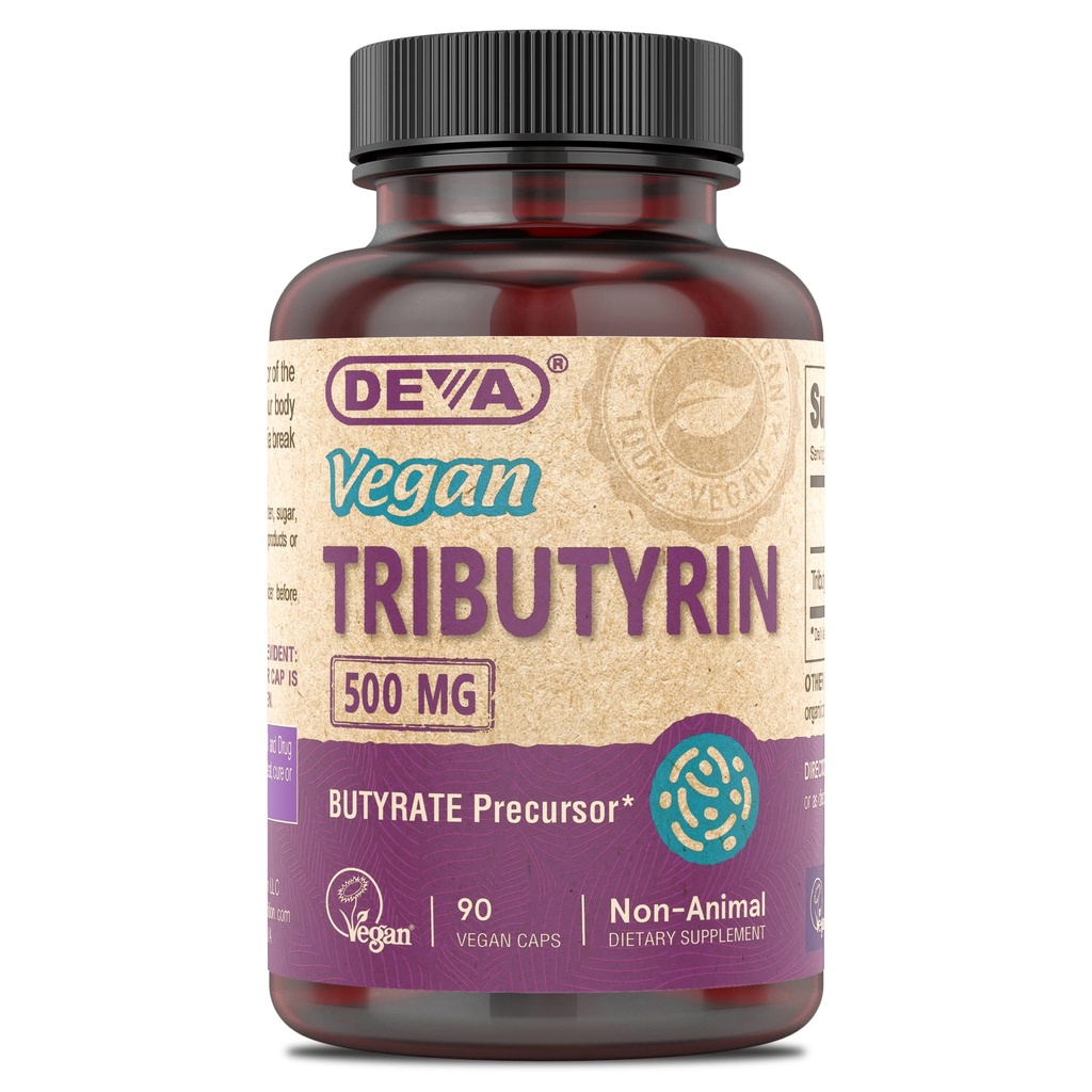 DEVA Vegan Tributyrin Supplement - Butyrate Precursor, υποστήριξη φραγμάτων κόκκων, βουτυρικό οξύ, 500 MG κάψουλες Vegan, υποστήριξη λαγών, Digetion, 90 κόμης