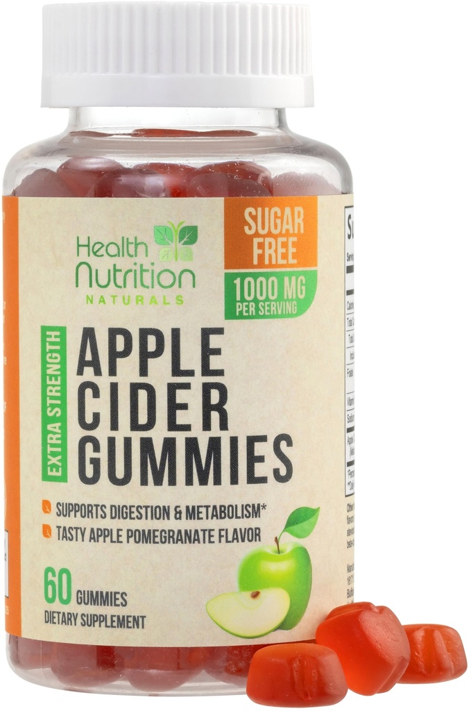 Apple Cider Vinegar Gummies 1000 mg - Max Strength Sugar Free ACV Gummy Vitamins, Supports Metabolism & Energy, Keto Friendly, B12, Gelatin-Free, Gluten-Free, Vegan & Non-GMO - 60 Gummies