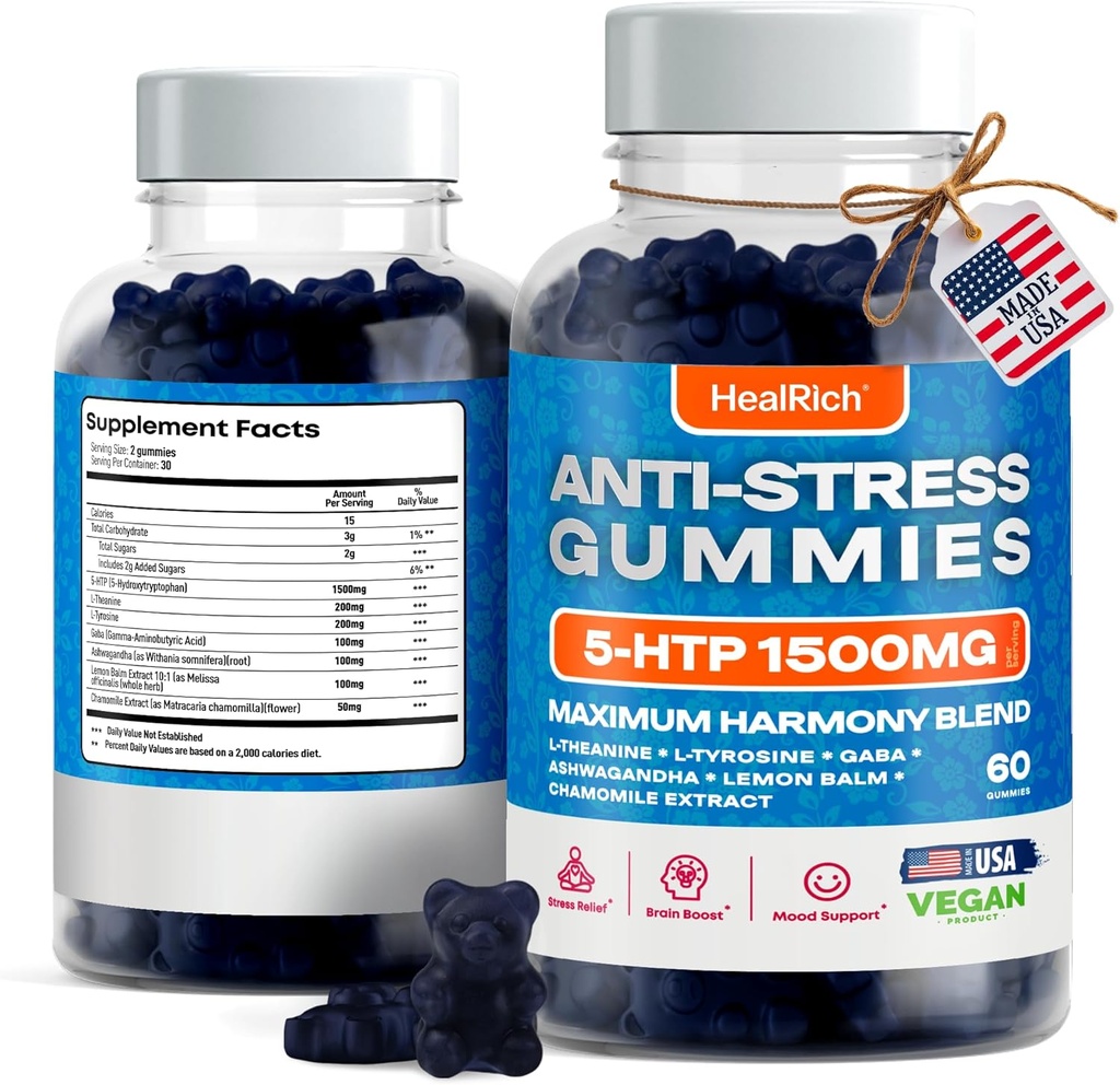 Stres Yardımı Gummies - 1500MG 5HTP with L-Theanine Gaba & L-Tyrosine - Ashwagandha Herbal Supplement Supports Fikri Uyarısı Vegan Brain Mood Booost Supplements for Kids & Yetişkinler Made in USA