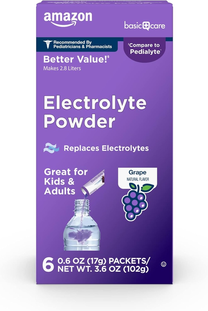Çocuklar ve Yetişkinler için Rehidrasyon için Toz Paketleri Temel Bakım, Grape Flavor, 6 Kont ( 1 )