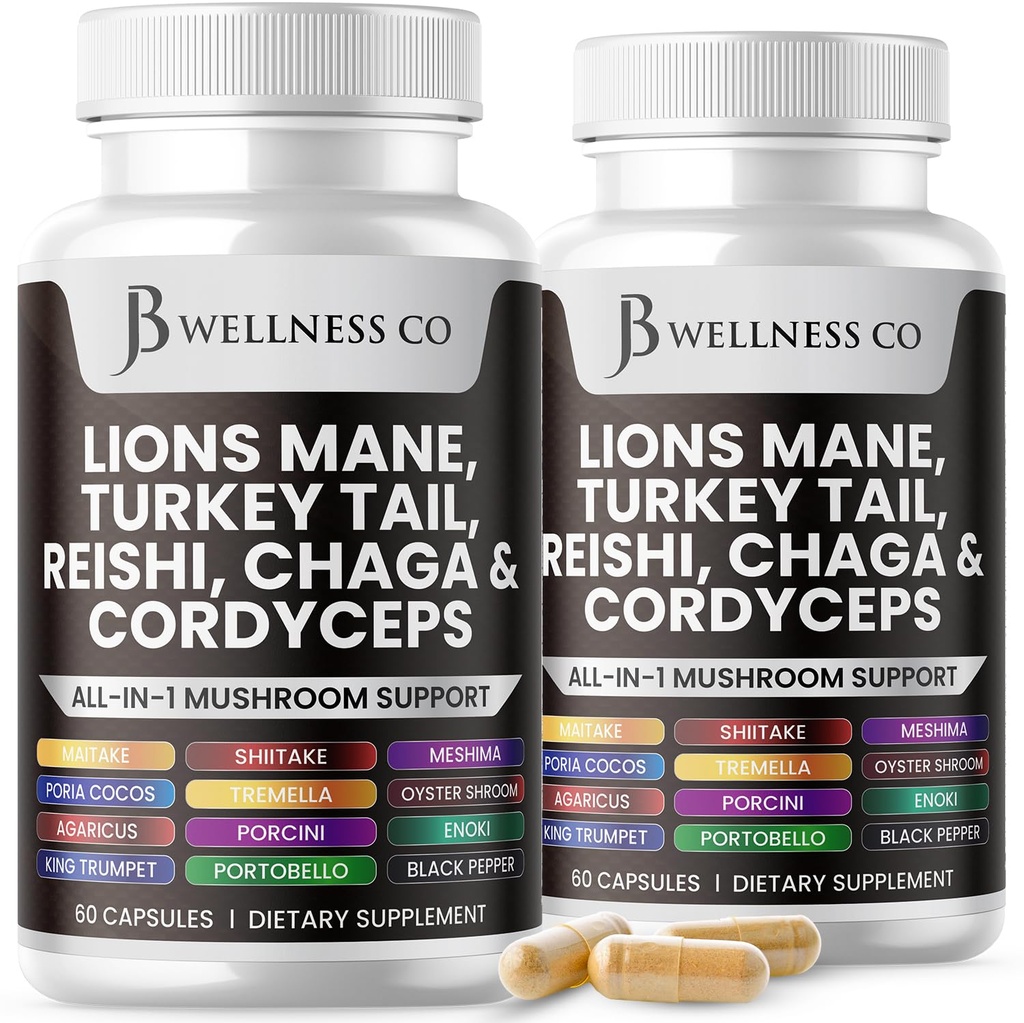 Lions Mane Supplement Cognitive Support, Immune Health with Turkey Tail 20in1 Mushroom Reishi Cordyceps Chaga with Marshm Root - 120