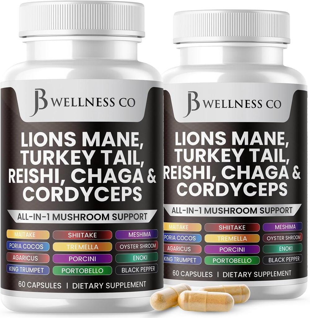 Lions Mane Supplement Cognitive Support, Immune Health with Turkey Tail 20in1 Mushroom Reishi Cordyceps Chaga with Marshm Root - 120