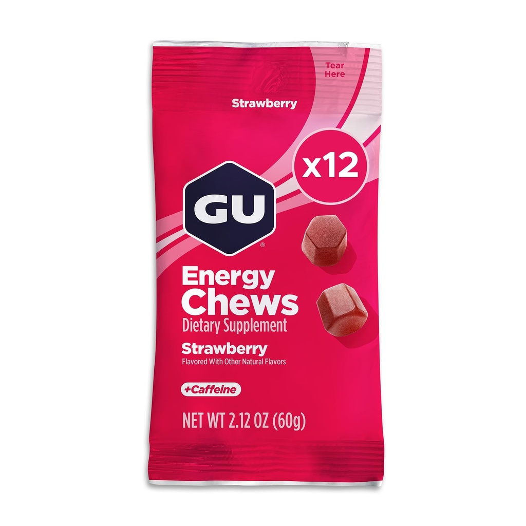 GU Energy Chews, Strawberry Energy Gummies με ηλεκτρολύτες, Vegan, Gluten-free, Kosher, 20 mg καφεΐνη, και Dairy-free On-the-Go Energy για κάθε προπόνηση, 12 Τσάντες (24 Services Σύνολο)