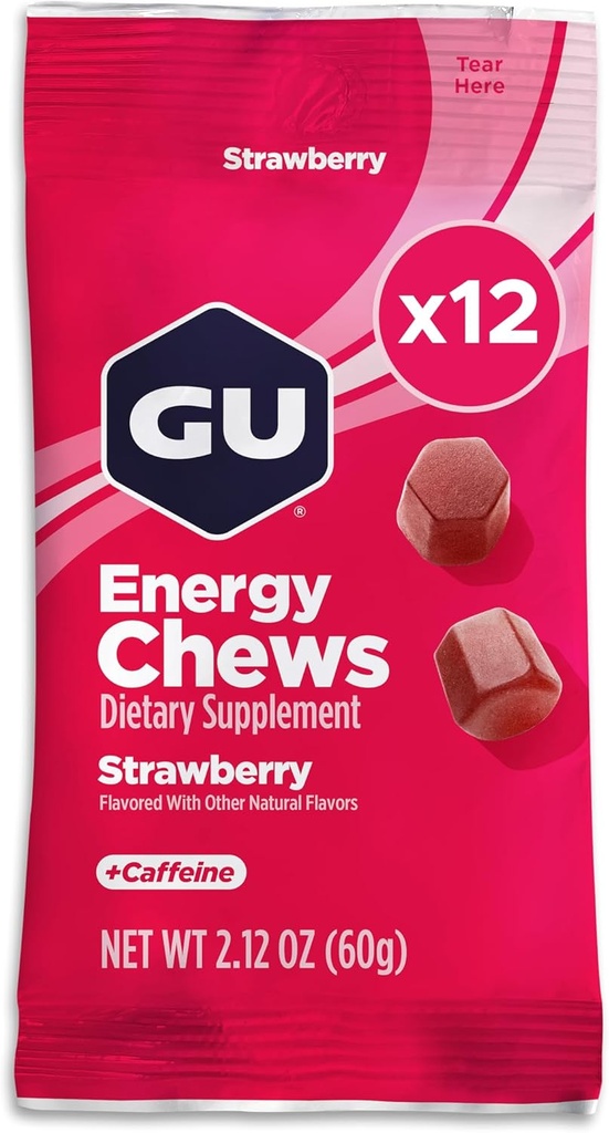 GU Energy Chews, Strawberry Energy Gummies with Electrolytes, Vegan, Gluten-Free, Kosher, 20 mg of Caffeine, and Dairy-Free On-Go Energy for Any Workout, 12 Çanta (24 Hizmet)