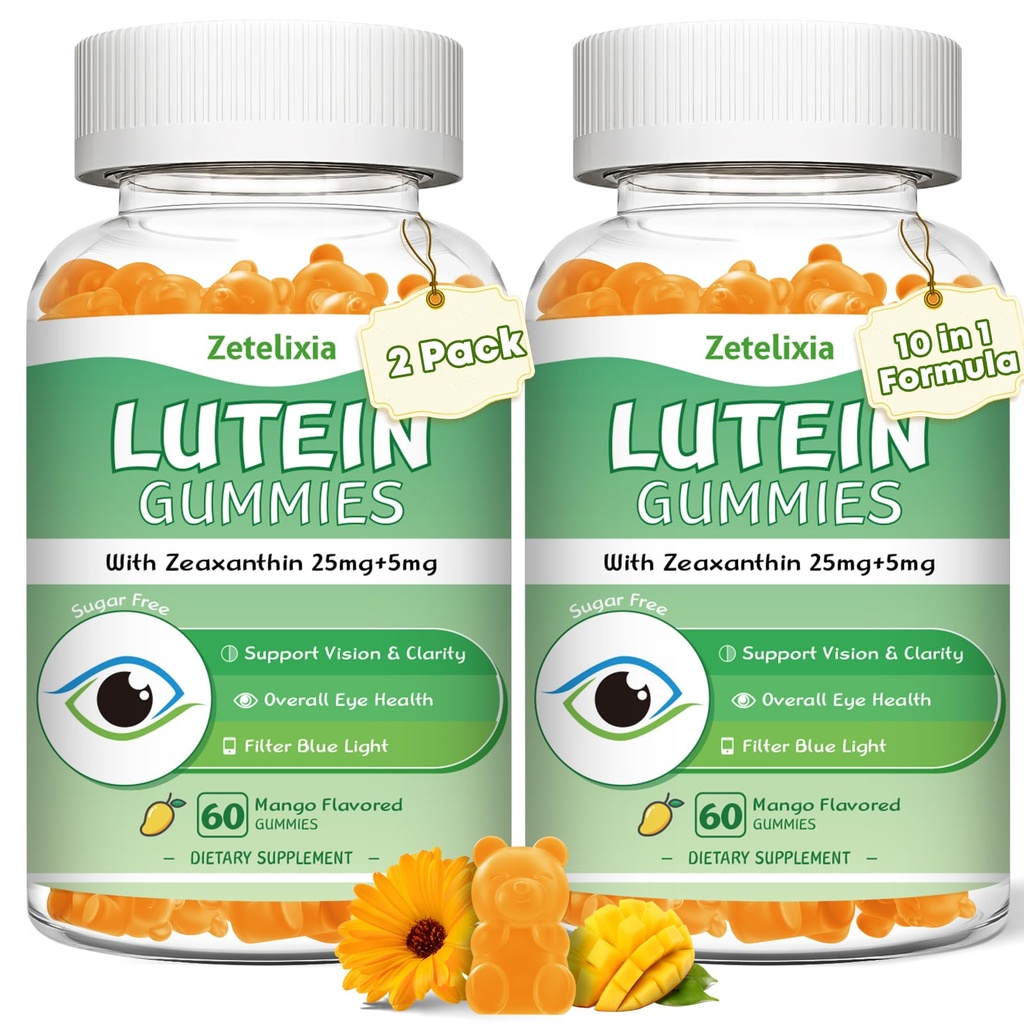 2 Pack Lutein Gummies 25mg, Sugar Free Lutein Zeaxanthin Supplements Gummies, Eye Health Supplement for Yetişkinler, Eye Vitamins Lutein for Vision and Blue Light Protection, Mango Flavor, 120 Count Count