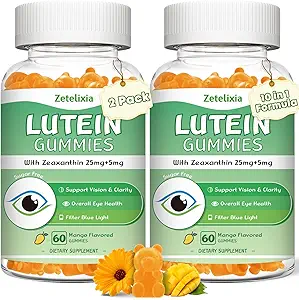 2 Pack Lutein Gummies 25mg, Sugar Free Lutein Zeaxanthin Supplements Gummies, Eye Health Supplement for Adults, Eye Vitamins Lutein for Vision and Blue Light Protection, Mango Flavor, 120 Count