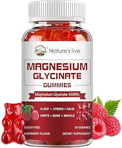 Magnezyum Glycinate Gummies, Sugar Free Magnezyum Supplement with Magnezyum Glycinate 400 mg, Magnezyum L-Threonate 200 mg for Calm Mood, Muscle, Bone & Sleep for Yetişkinler, 60 Raspberry Gummies