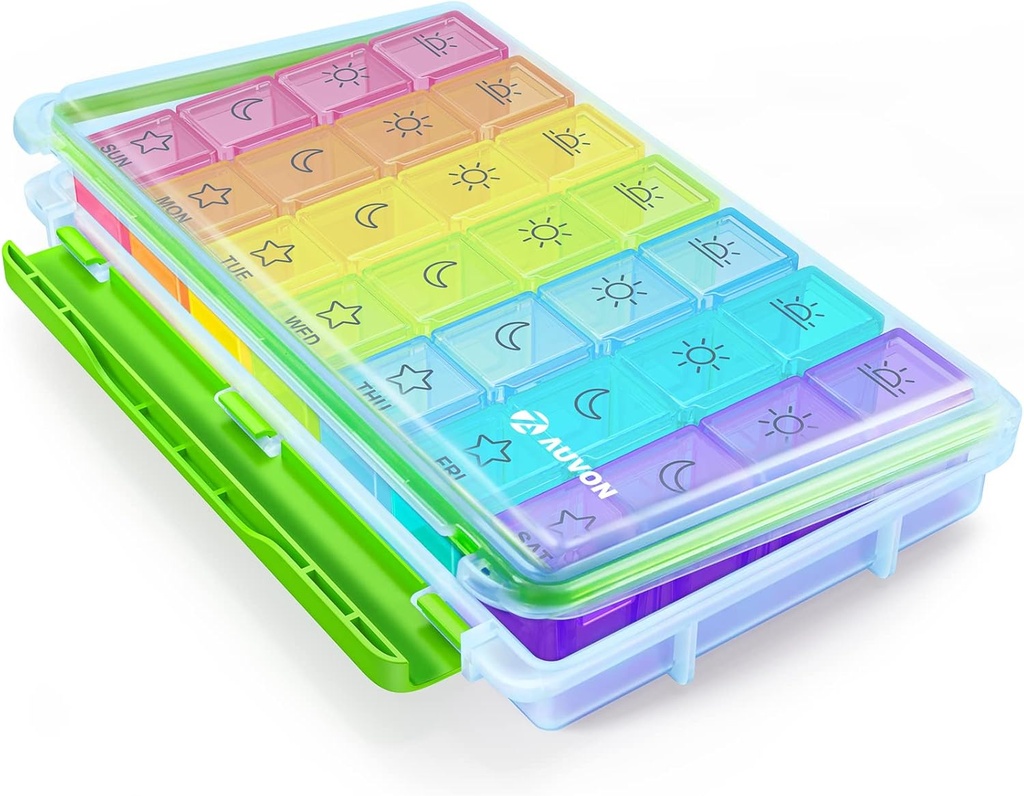 AUVON iMedasist Moisture-Proof Weekly Pill Organizer 4 Times bir gün, Büyük 7 Günlük Pill Box Tatilleri Yeniden Satın Alacak Bireysel Pill Konteynerleri Vitaminler, Tamamlar ve İlaçlar