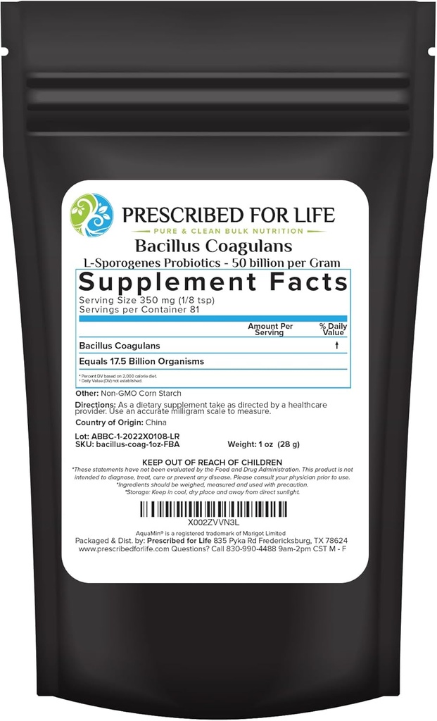Prescribed For Life Bacillus Coagulans Powder, Lactobacillus Supplement for Gut Health Support, Temperature and Shelf Stable Probiotics, L. Sporogenes (50 Billion/Gram) (1oz / 28g)