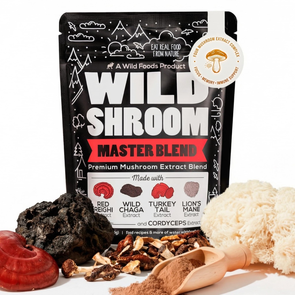 Wild Foods Wild Mushroom Blend-Supercharged Reishi, Chaga, Cordyceps, Turkey Tail and Lion’s Mane - 4Oz Pack- Προσαρμοσμένη μείωση του στρες για αυξημένη νοητική καθαρότητα-Notropic υγρό μείγμα για καφέ